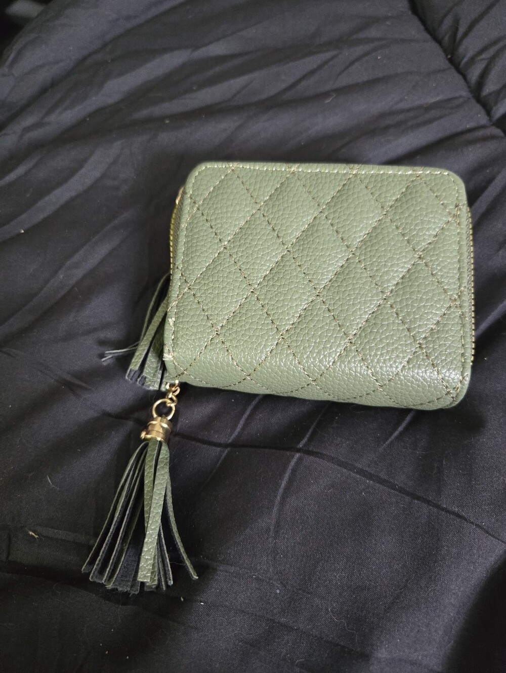 ​Sage Green Quilted Zip-Around Mini Wallet with Tassel Accent